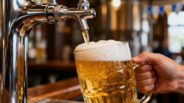 Draft beer pouring into a glass from a tap, representing pub culture and celebration.