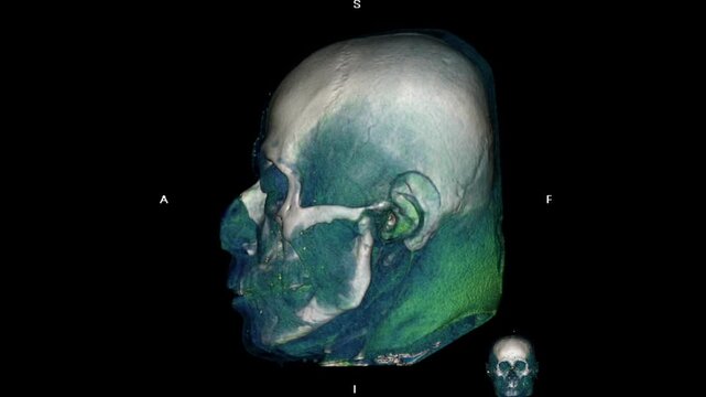 3D CT scan rendering of the human skull showing detailed facial bones, cranial structure, and anatomical features, used for medical imaging, education, and healthcare visualization