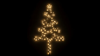 A glowing Christmas tree silhouette made of warm yellow lights against a black background.