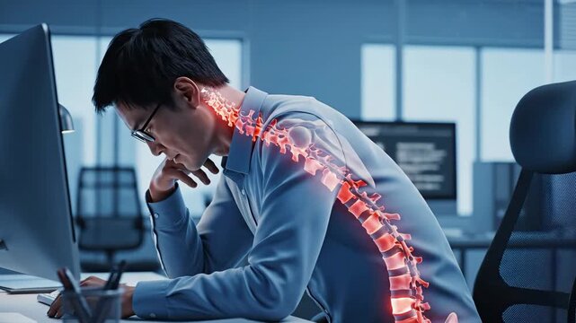 Stressed office worker slouching at desk with glowing highlighted spine