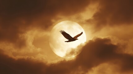 Majestic Eagle Soars Through Golden Sunset Clouds Towards Full Moon.