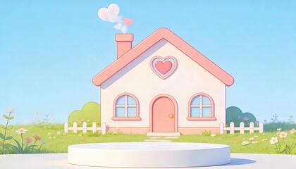 Cute Cartoon House with Heart-Shaped Windows and Smoke on Simple Podium in Bright Blue Background