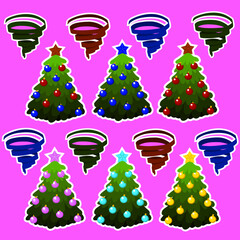 Christmas trees with colorful decorations, illustrations, stickers. Elements for your design.
