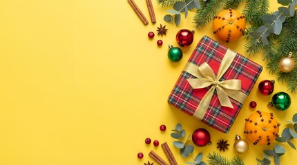 Festive Christmas Gift Box Surrounded by Ornaments and Pine Sprigs on Yellow Background.