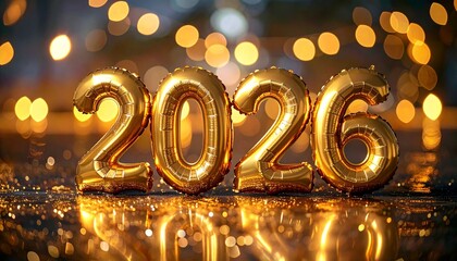 Shiny gold foil balloons forming '2026' on a glittering surface with blurred bokeh lights, ideal for New Year, celebration, and future concepts.