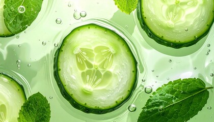 Fresh cucumber slices and mint leaves floating in clear water with bubbles, a refreshing natural background