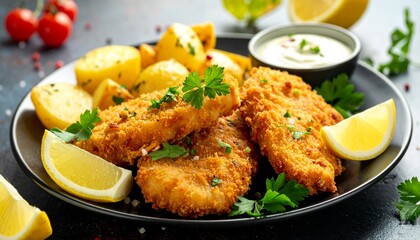Crispy fried fish fillets served with golden roasted potatoes, fresh lemon wedges, and a side of creamy tartar sauce on a dark plate.