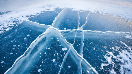 Intricate patterns of cracked ice on a frozen lake, revealing delicate details and textures with