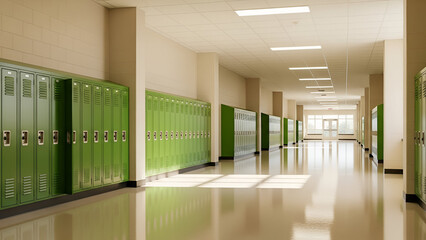 Inviting and Reflective School Hallway with Green Lockers and Polished Flooring