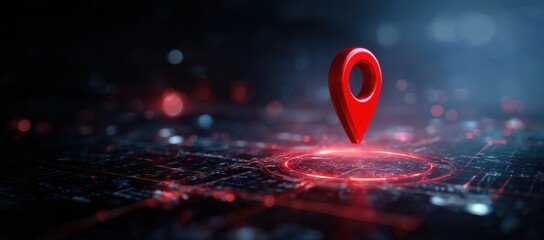 Red location pin marker glowing on digital network background with technology connection and data concept. Abstract 3D rendering of navigation pointer on futuristic cyber space grid.
