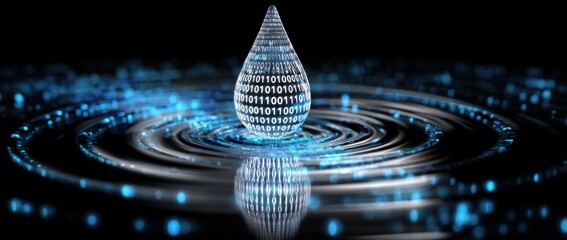 Digital water drop with binary code 01 pattern on dark background with blue light effects. Technology concept of data information.