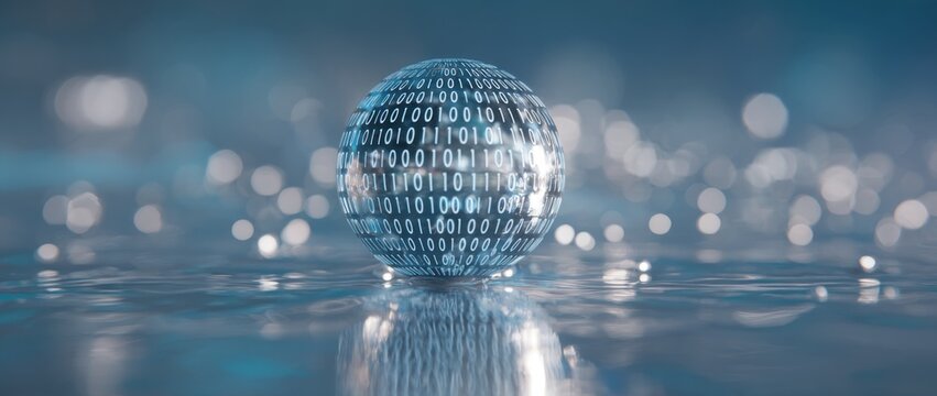 Digital sphere with binary code reflecting on water surface. Futuristic technology concept with glowing numbers and digital visualization on blue background. - Powered by Adobe