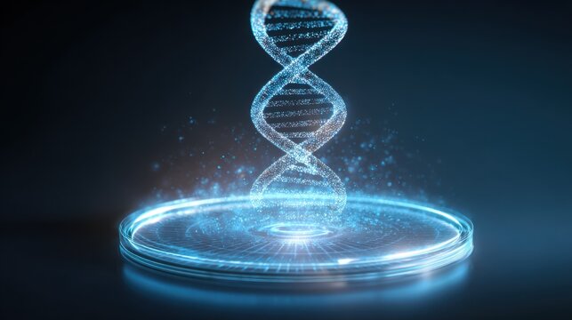 DNA double helix structure made of glowing particles on digital platform. Futuristic science and technology concept representing genetics, biology and medical research with blue illumination.