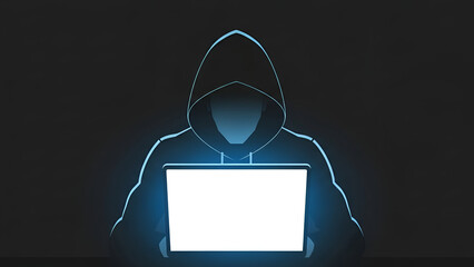Silhouette of a hooded hacker illuminated by laptop screen representing cybersecurity threats