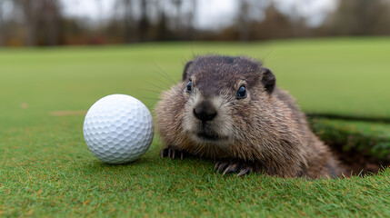 The pretty marmot comes out of its hole at the end of winter