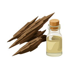 Illustration of a small bottle of agarwood oil and several pieces of agarwood, isolated on a white background.