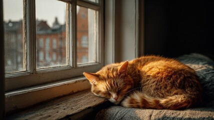 Cat curled up in a sunbeam by a city window, cozy domestic detail