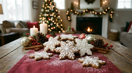 Festive Christmas Cookies and Decorations on a Table.