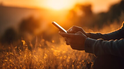 Person using smartphone in golden hour sunset light outdoors.