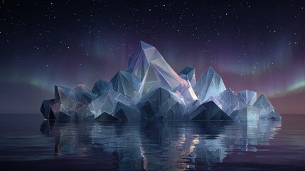 Abstract geometric ice crystal formations on water under starry night sky with aurora borealis