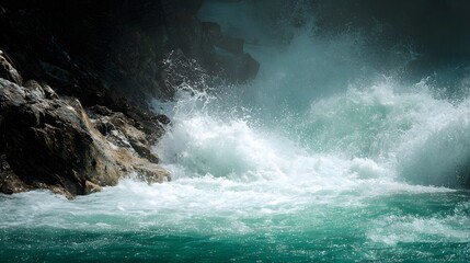 Naklejka premium Powerful Ocean Waves Crashing Against Rugged Rocky Shoreline.