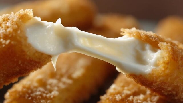 Close-up of a crispy, golden-brown mozzarella stick being pulled apart to reveal melted cheese filling against a blurred background of more sticks, conveying a savory and appetizing mood.