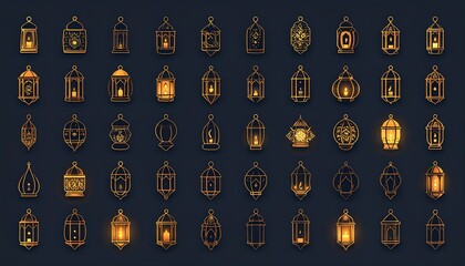 Pixel Art Golden Lantern Collection on Dark Blue Background with Glowing Light Illuminating Detailed Designs