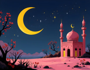Small mosque with crescent moon background with Eid mubarak concept