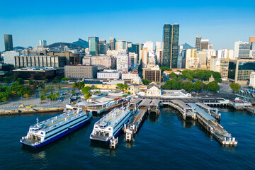 Rio de Janeiro Ferry Boat Station Aerial View With City Downtown Skyline