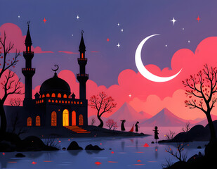 Small mosque with crescent moon background with Eid mubarak concept