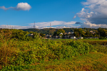 大阪、高井田、Osaka Metro中央線、JRおおさか東線、交通、鉄道、青空、雲、川、橋、林木、水