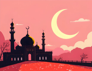 Small mosque with crescent moon background with Eid mubarak concept