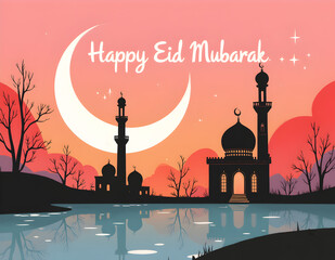 Small mosque with crescent moon background with Eid mubarak concept