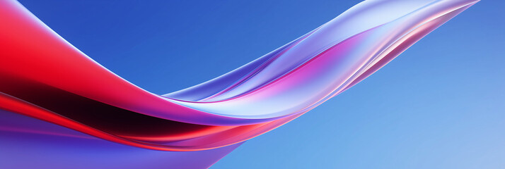 Abstract ribbon flow in red, purple, and blue on a gradient background. Glossy curves and light interplay create a futuristic, fluid aesthetic ideal for digital design and commercial use.