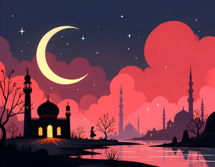 Small mosque with crescent moon background with Eid mubarak concept