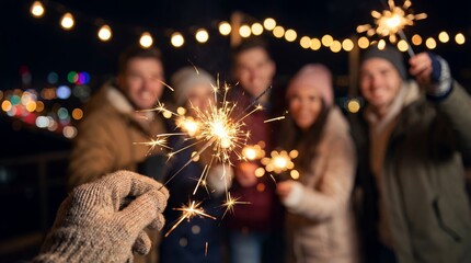 Friends celebrating with sparklers at night with bokeh lights.