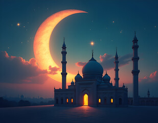 Small mosque with crescent moon background with Eid mubarak concept
