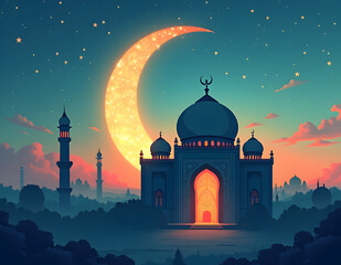 Small mosque with crescent moon background with Eid mubarak concept