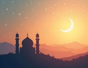 Small mosque with crescent moon background with Eid mubarak concept