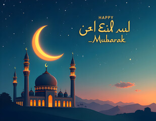 Small mosque with crescent moon background with Eid mubarak concept