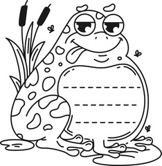 Obraz premium Kids memo note frame with funny cartoon frog with flies for message note sticker, vector label. Cute frog or toad in reeds for adhesive sticker post or notebook label and kids memo note frame