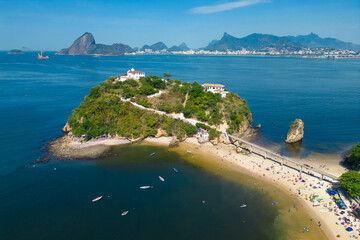 Aerial View of Boa Viagem Private Island in Niteroi City at Guanabara Bay and Rio de Janeiro Mountain Landscape in the Horizon