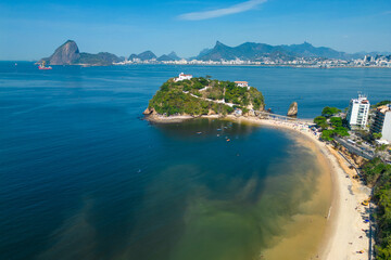 Aerial View of Boa Viagem Private Island in Niteroi City at Guanabara Bay and Rio de Janeiro Mountain Landscape in the Horizon