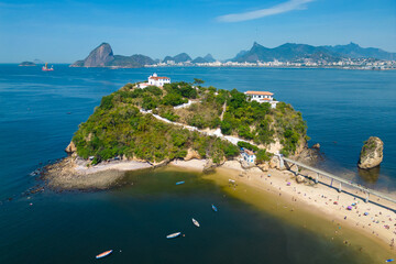 Aerial View of Boa Viagem Private Island in Niteroi City at Guanabara Bay and Rio de Janeiro Mountain Landscape in the Horizon