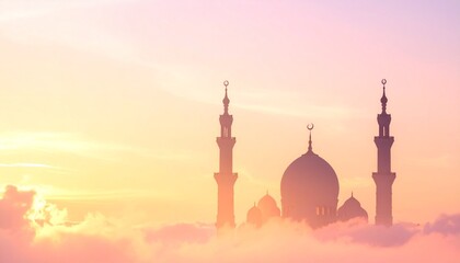 Silhouette Of A Mosque And Minarets Against A Pastel Sunset Sky With Soft Clouds