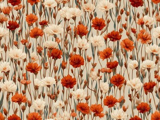 Elegant, whimsical watercolor seamless repeatable pattern featuring wild flowers in burgundy and orange