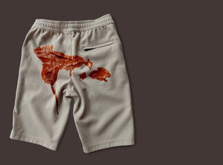 a pair of beige shorts with red stains. isolated object and with copy space for text