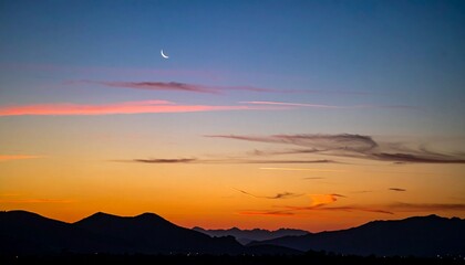 Sunset over Silhouetted Mountains with Crescent Moon and Colorful Sky Display