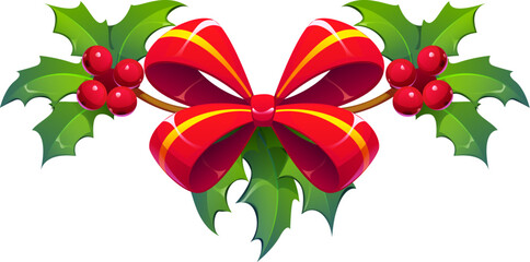 Christmas celebration cartoon holly leaf and berry decoration. Winter holiday, merry Christmas celebration isolated vector plant decoration. Xmas festive holly leaves, red berries and ribbon bow © Seavector