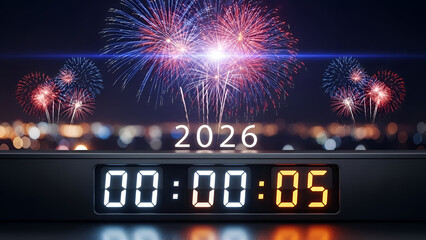 New year countdown with fireworks display approaching midnight in 2026